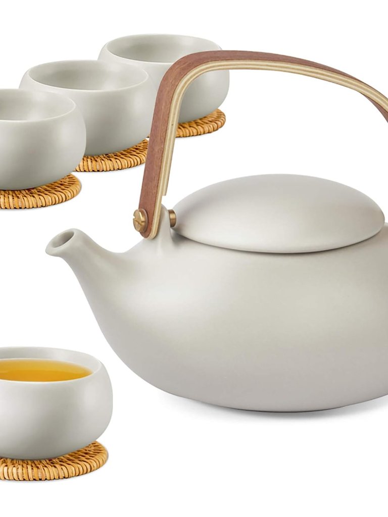 Vintage Japanese Tea Set, 27oz Ceramic Japanese Teapot With Infuser, Wood Handle
